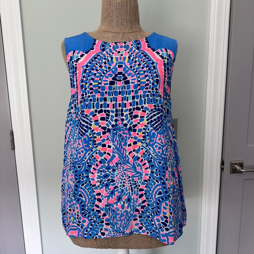 LILLY PULITZER | Blue & Pink Mosaic Printed Silk Tank, Size XL